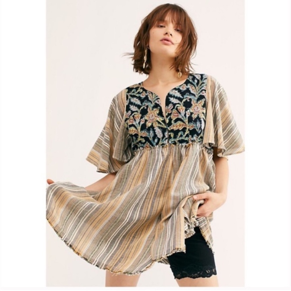 Free People Under the Sun Tunic Dress Floral Embroidered Striped Top